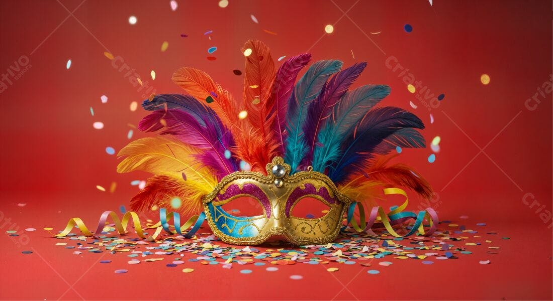 Máscara de Carnaval com penas coloridas e confete
