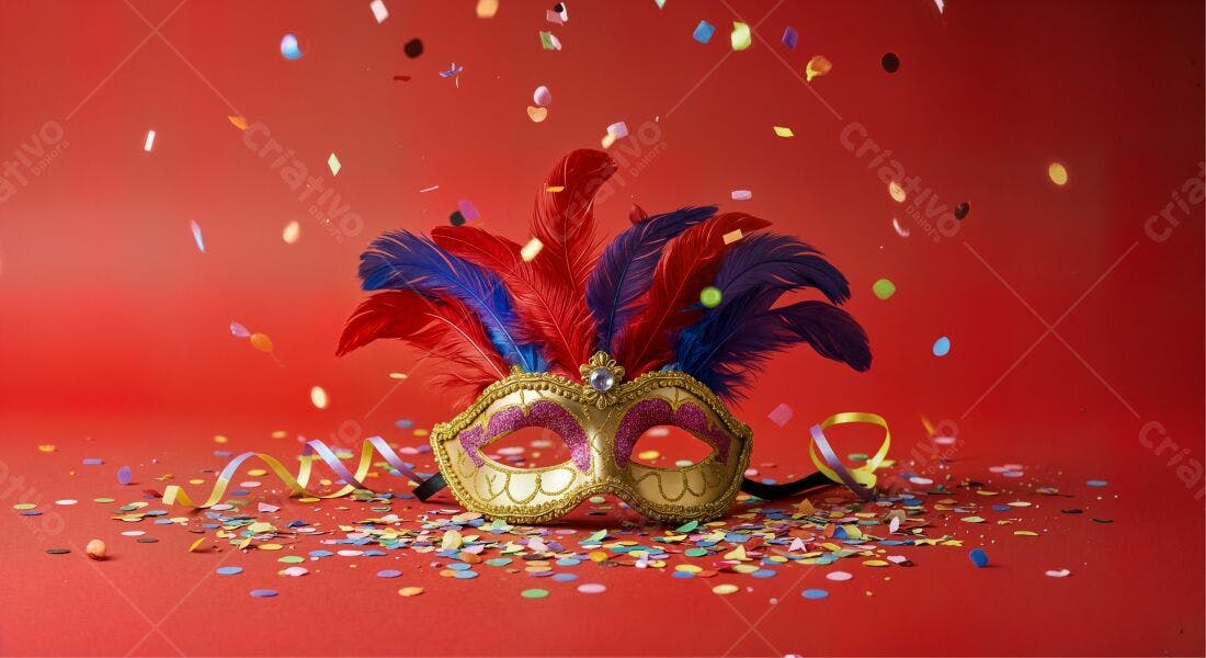 Máscara de Carnaval com penas vermelhas e azuis
