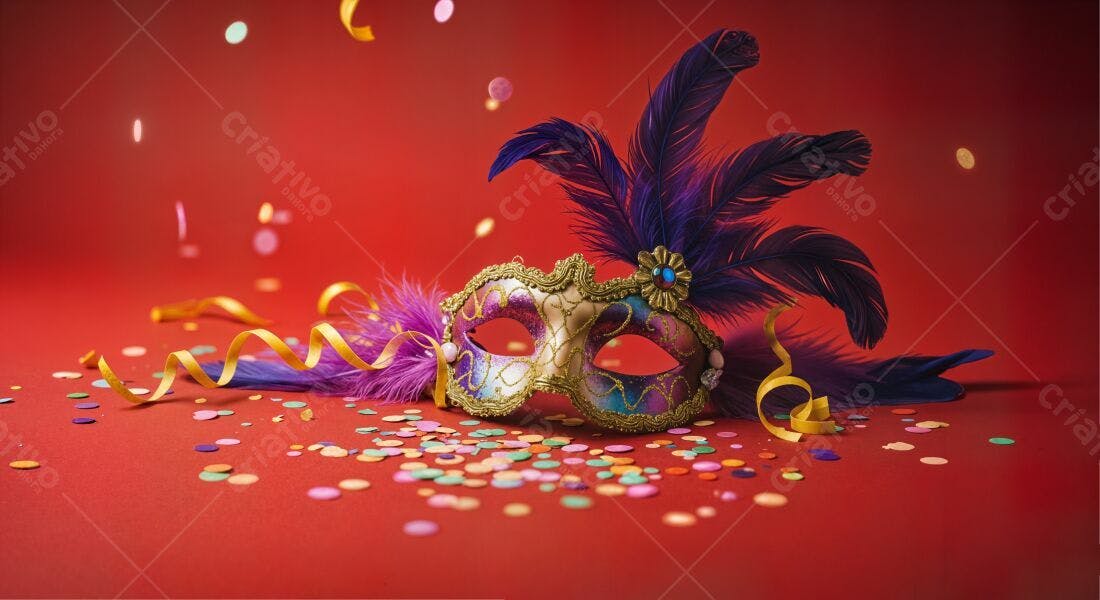 Máscara de Carnaval com penas e confete
