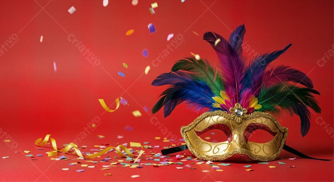 Máscara de Carnaval Dourada com Penas