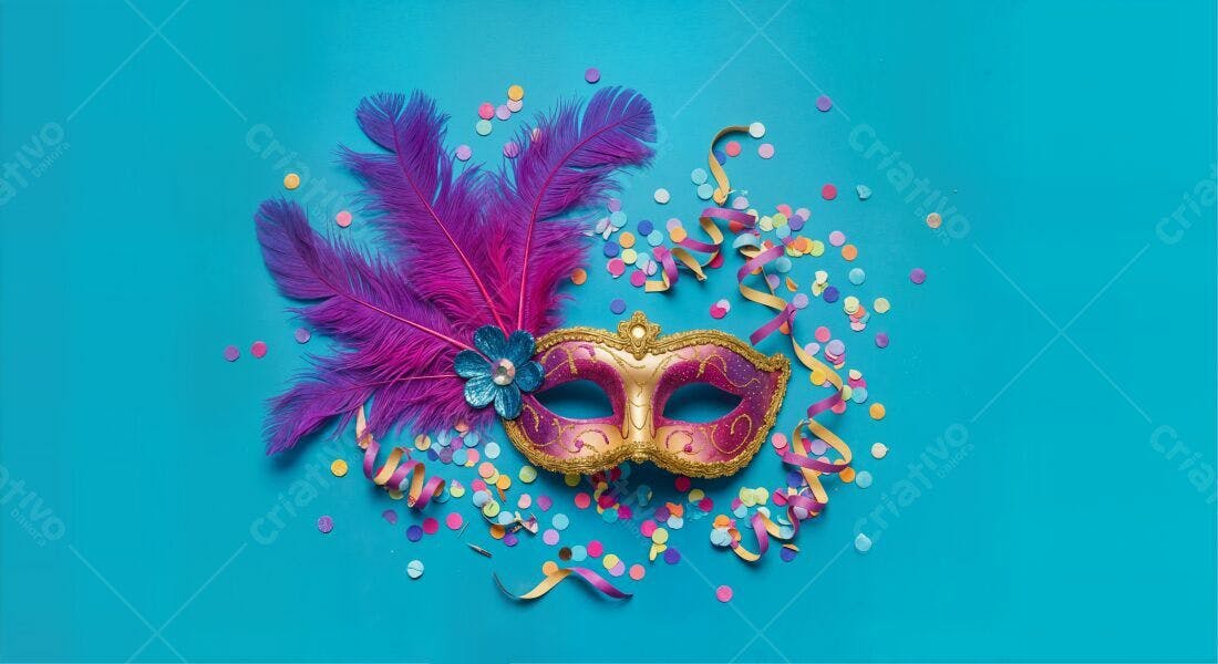 Máscara de Carnaval com penas e confete