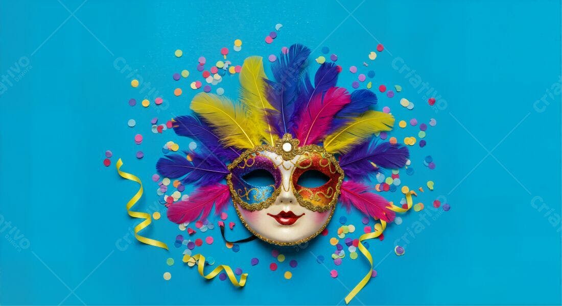 Máscara de Carnaval colorida com penas