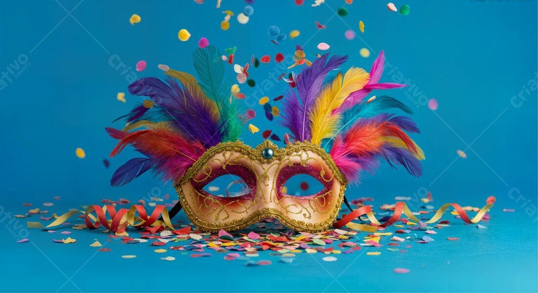 Máscara de Carnaval com penas coloridas e confete