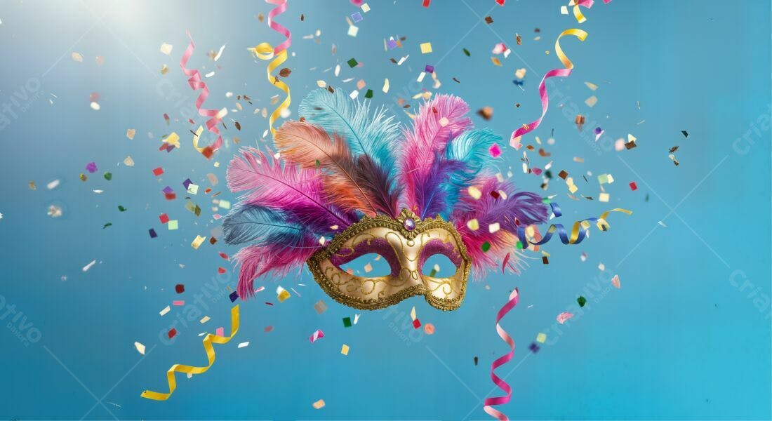 Máscara de Carnaval com penas coloridas e confete