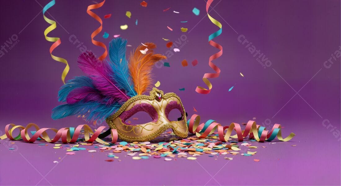 Máscara de Carnaval com Confetes e Serpentinas