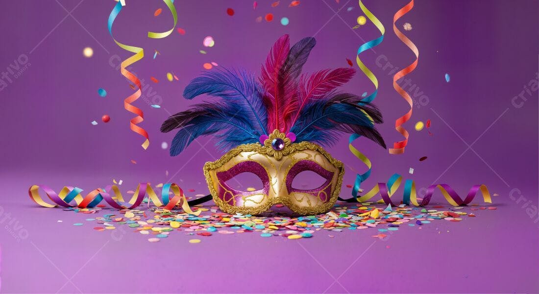 Máscara de Carnaval com Confetes e Serpentinas