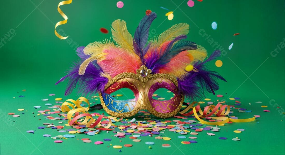 Máscara de Carnaval com penas coloridas e confetes