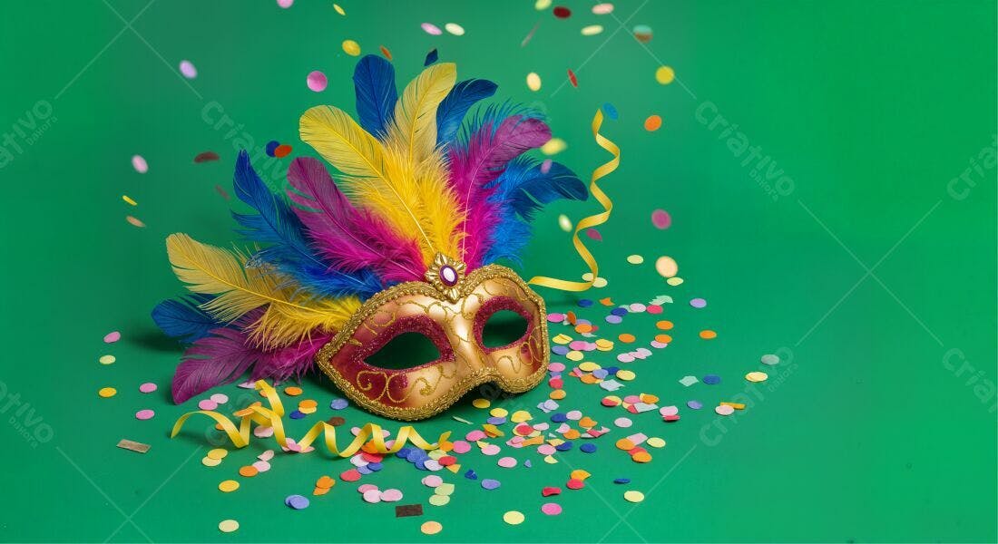 Máscara de Carnaval com penas coloridas e confete