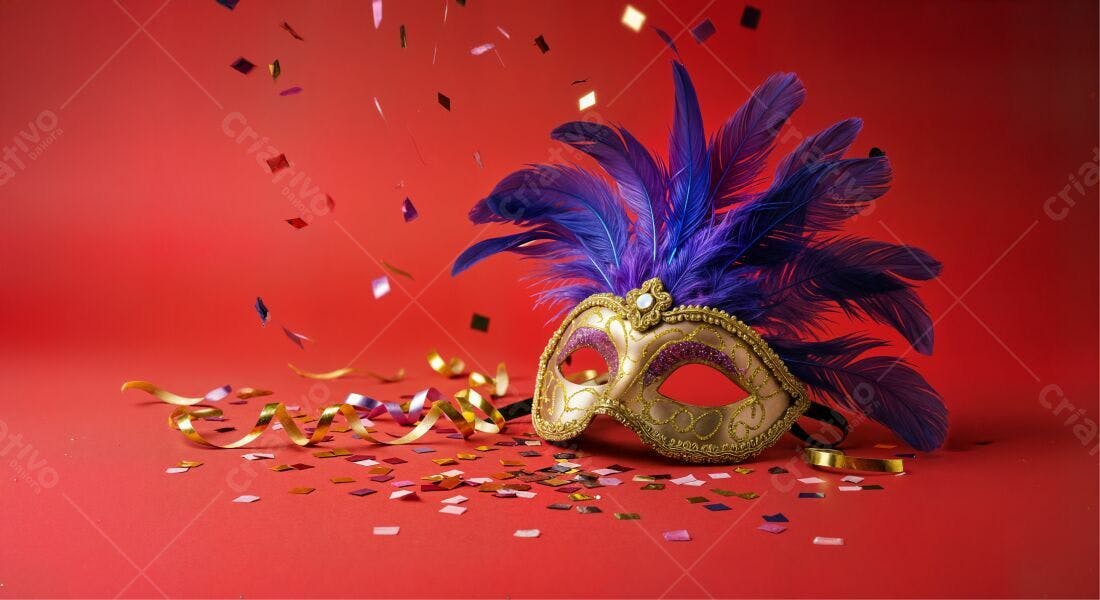 Máscara de Carnaval com penas roxas e douradas