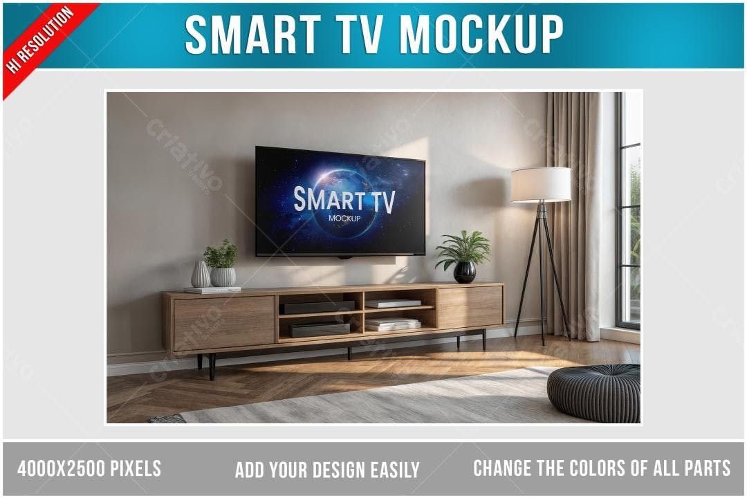 Mockup Smart TV em Sala Moderna com Tons Claros