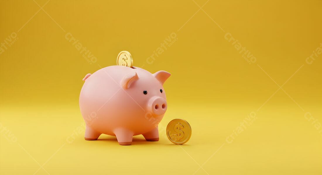 Cofrinho rosa com moedas de ouro fundo amarelo