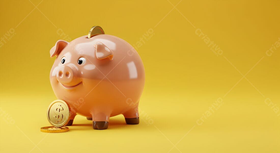 Cofrinho rosa com moedas douradas fundo amarelo