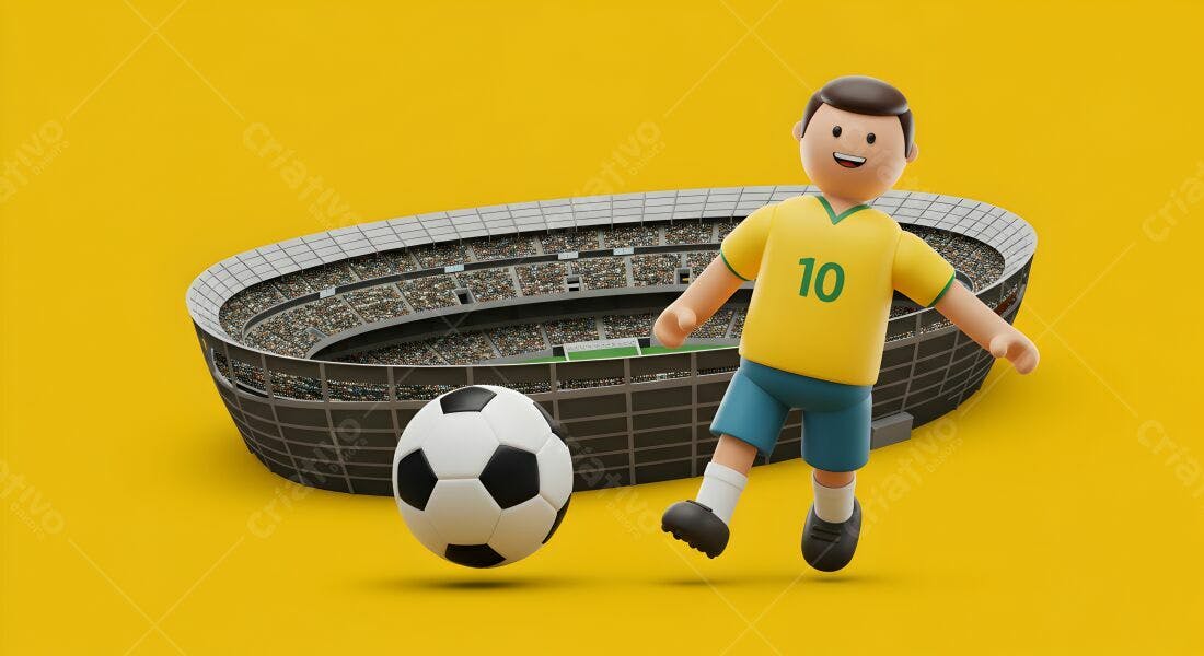 Jogador de futebol 3D chutando bola em estádio