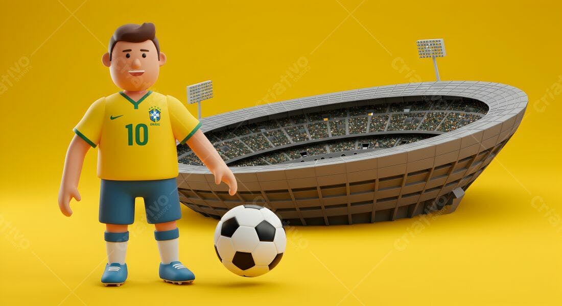 Jogador de futebol brasileiro com bola e estádio