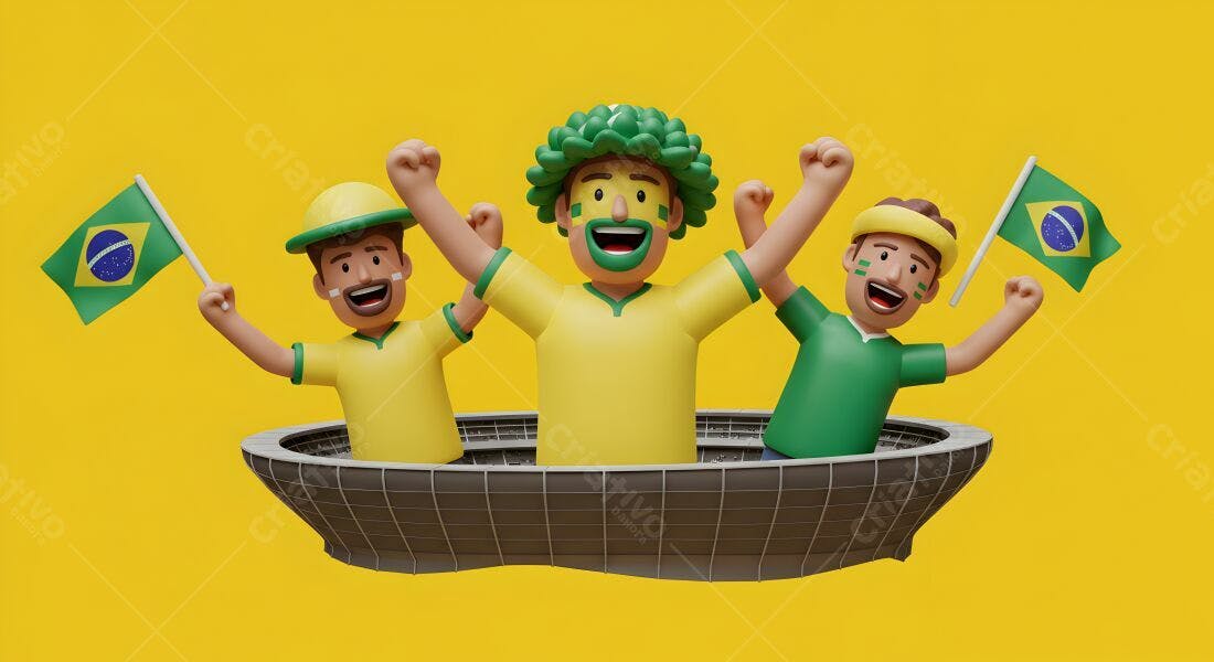 Torcedores brasileiros animados em estádio 3D