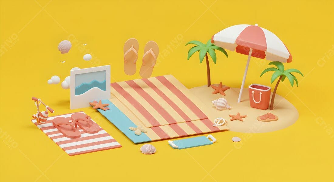 Cenário de praia estilizado com objetos 3D