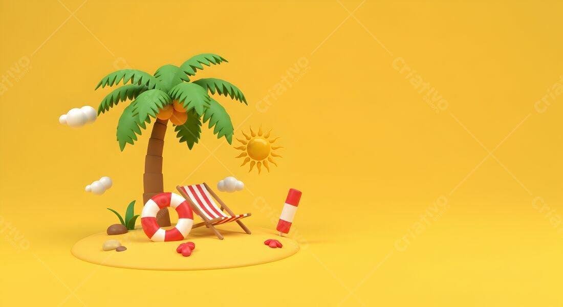 Ilha tropical com coqueiro e cadeira de praia