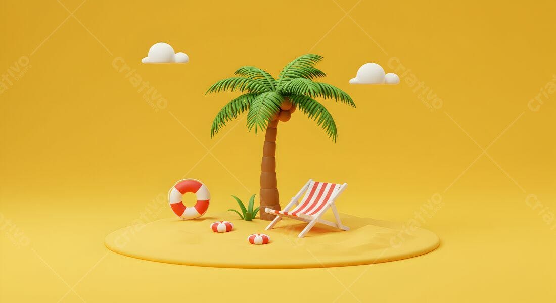 Ilha tropical com coqueiro cadeira e bóias