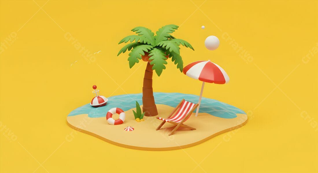 Ilha tropical com cadeira de praia e coqueiro