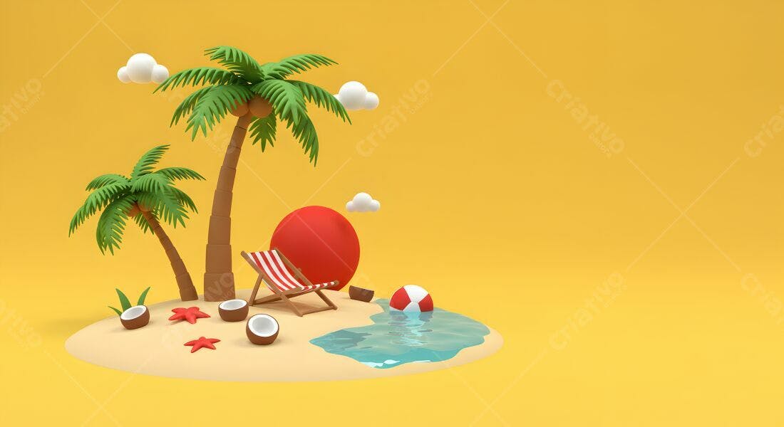 Ilha tropical com coqueiros e cadeira de praia