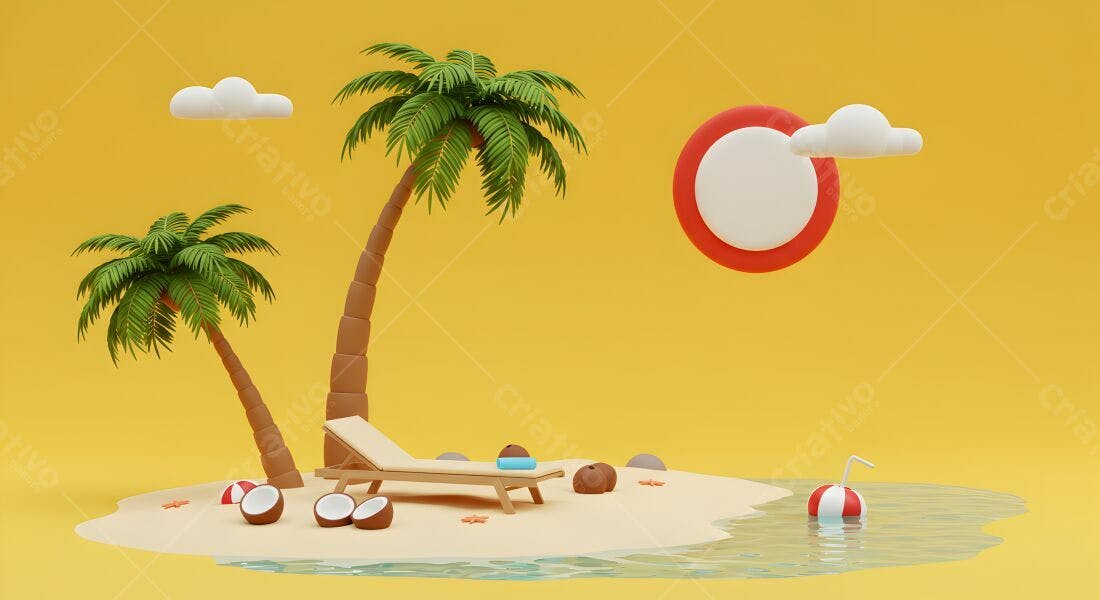 Ilha tropical com coqueiros e espreguiçadeira