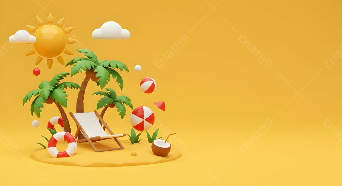 Ilha tropical com cadeira de praia e coqueiro