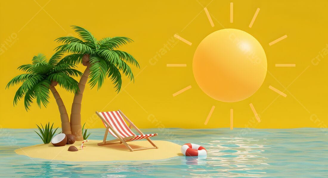 Ilha tropical com coqueiros e cadeira de praia