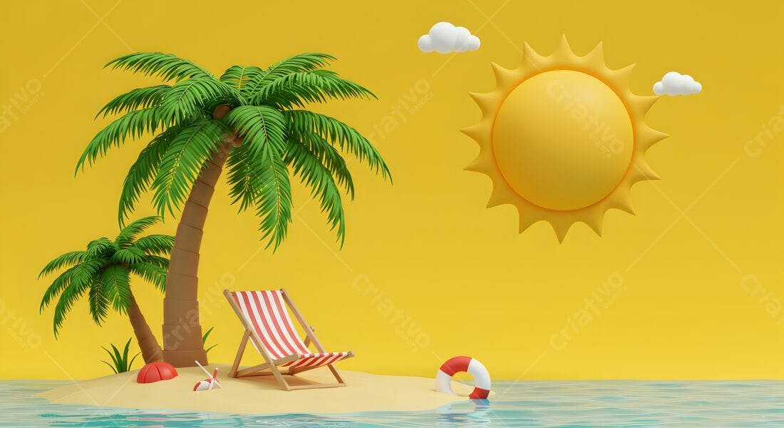 Praia tropical com cadeira e coqueiros