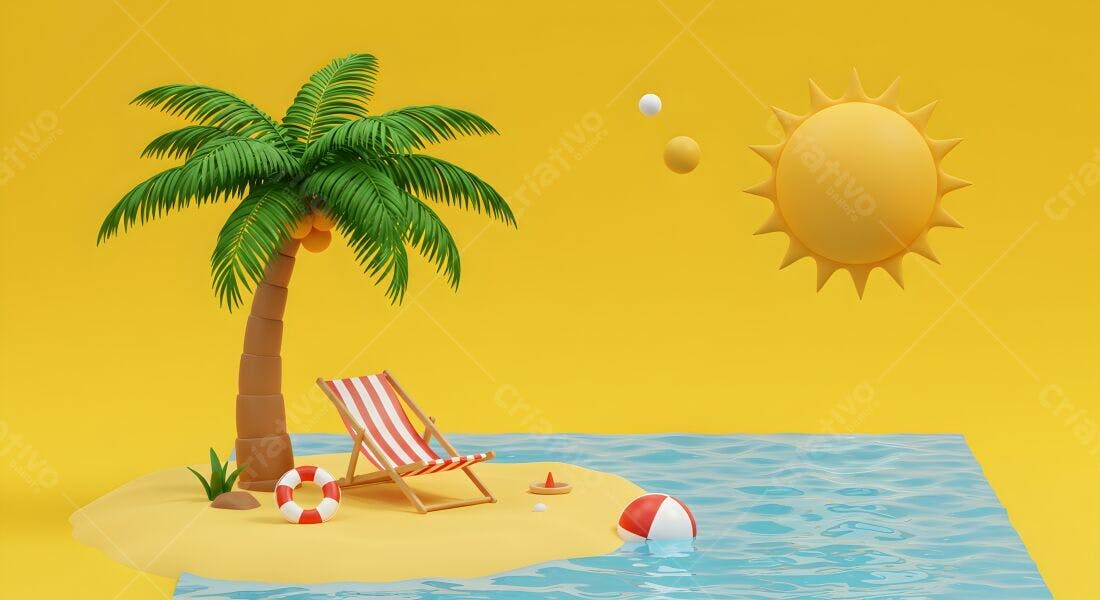 Ilha tropical com cadeira de praia e coqueiro