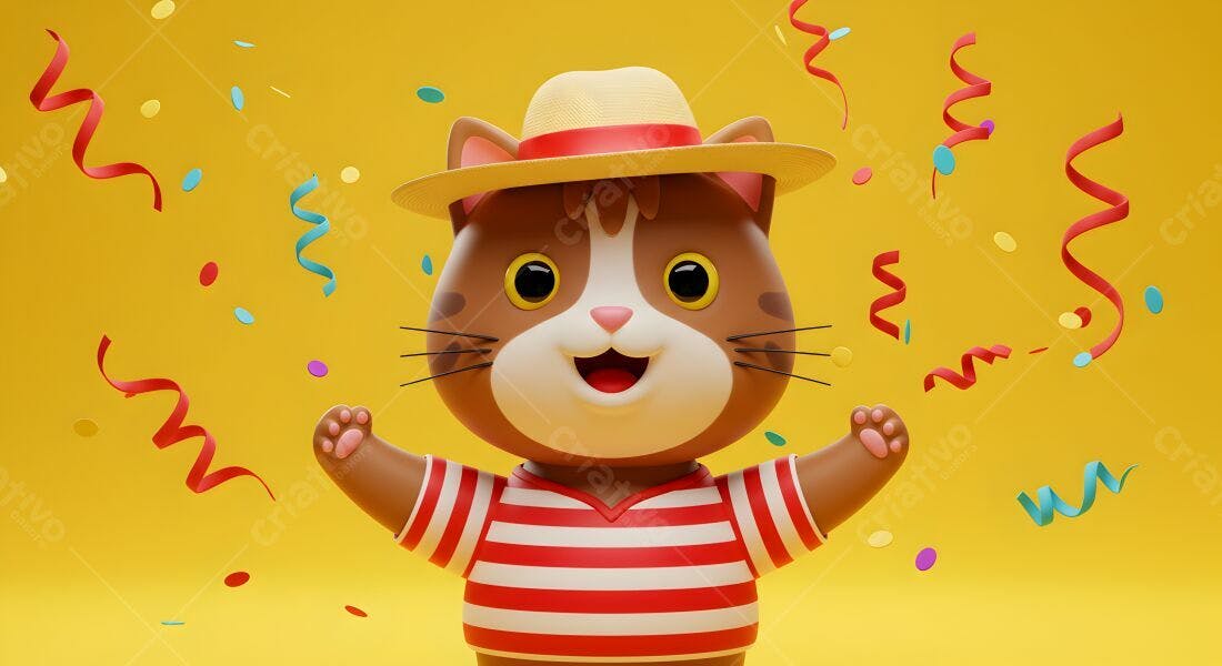 Gato animado celebrando com serpentinas