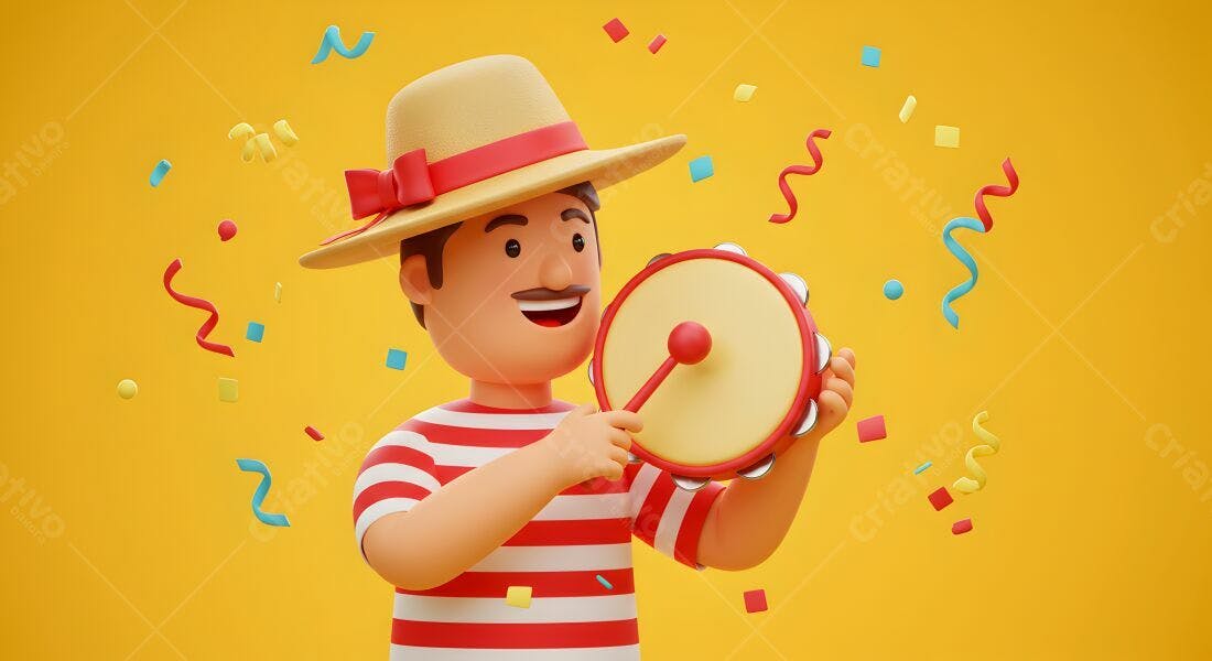 Homem tocando pandeiro em fundo amarelo