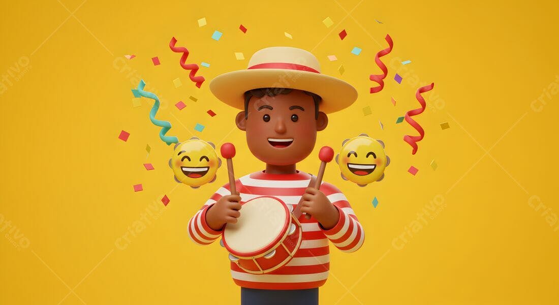 Menino tocando pandeiro em fundo amarelo