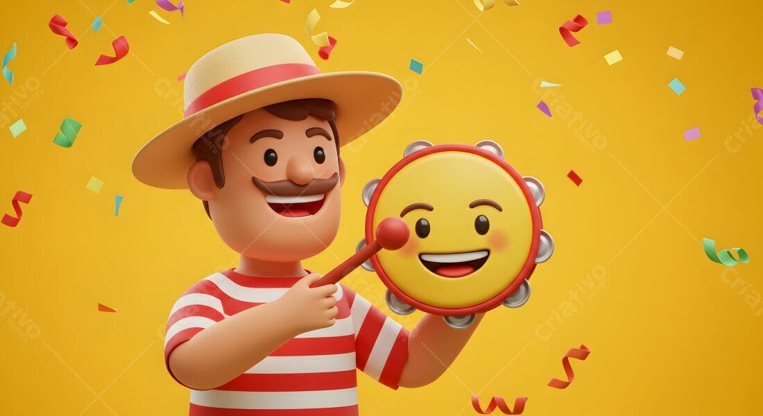 Homem tocando pandeiro com emoji sorridente