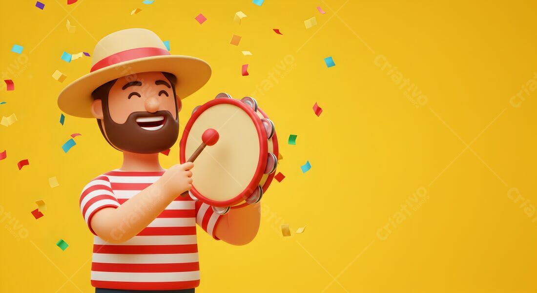 Homem tocando pandeiro em fundo amarelo