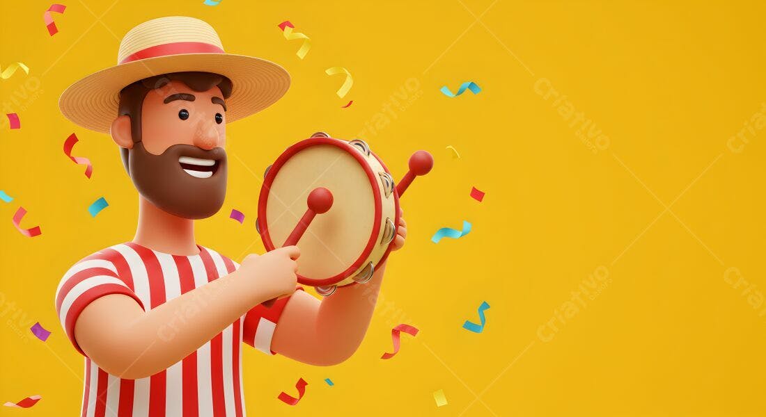Homem tocando pandeiro em fundo amarelo
