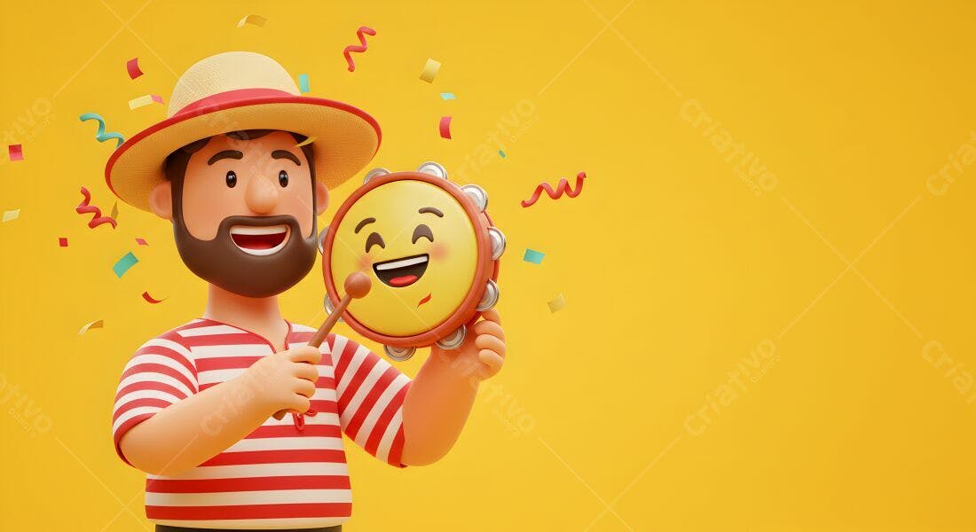 Homem tocando pandeiro com emoji feliz fundo amarelo