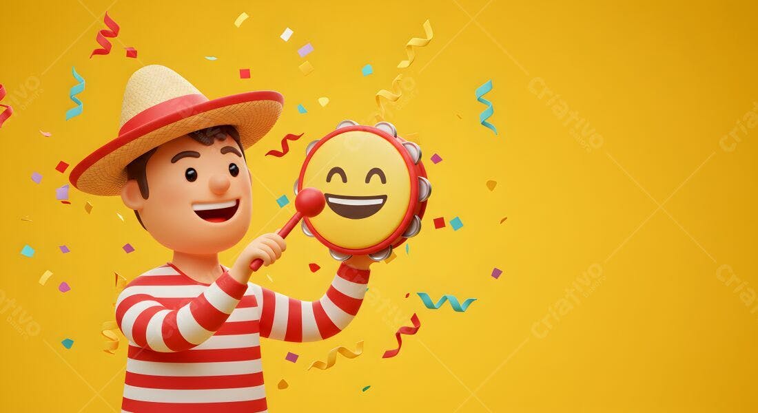 Menino tocando pandeiro com emoji feliz fundo amarelo