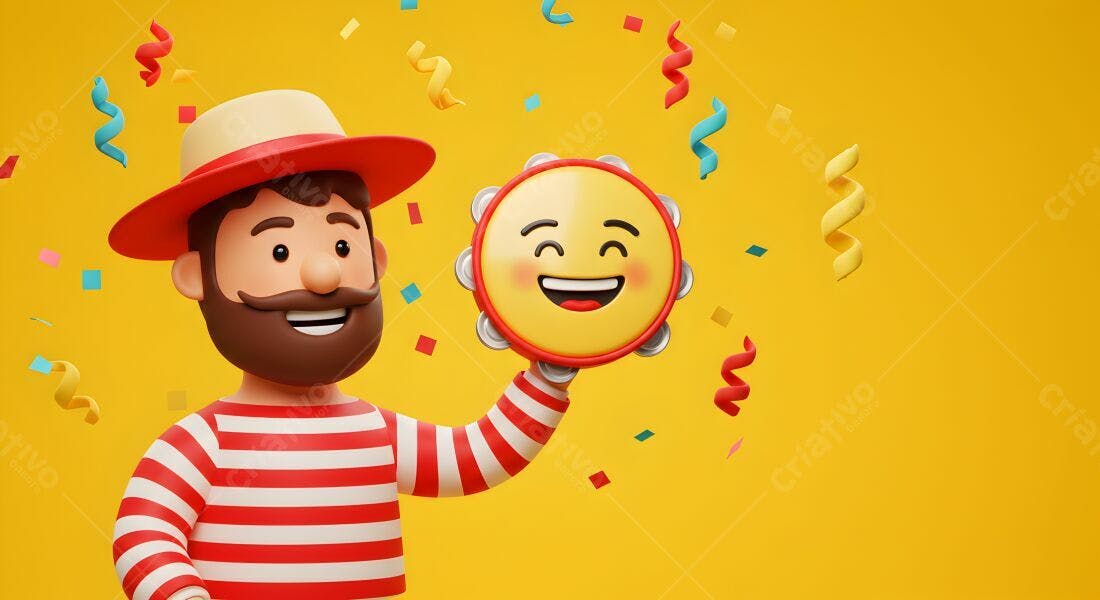 Homem alegre com pandeiro sorrindo fundo amarelo