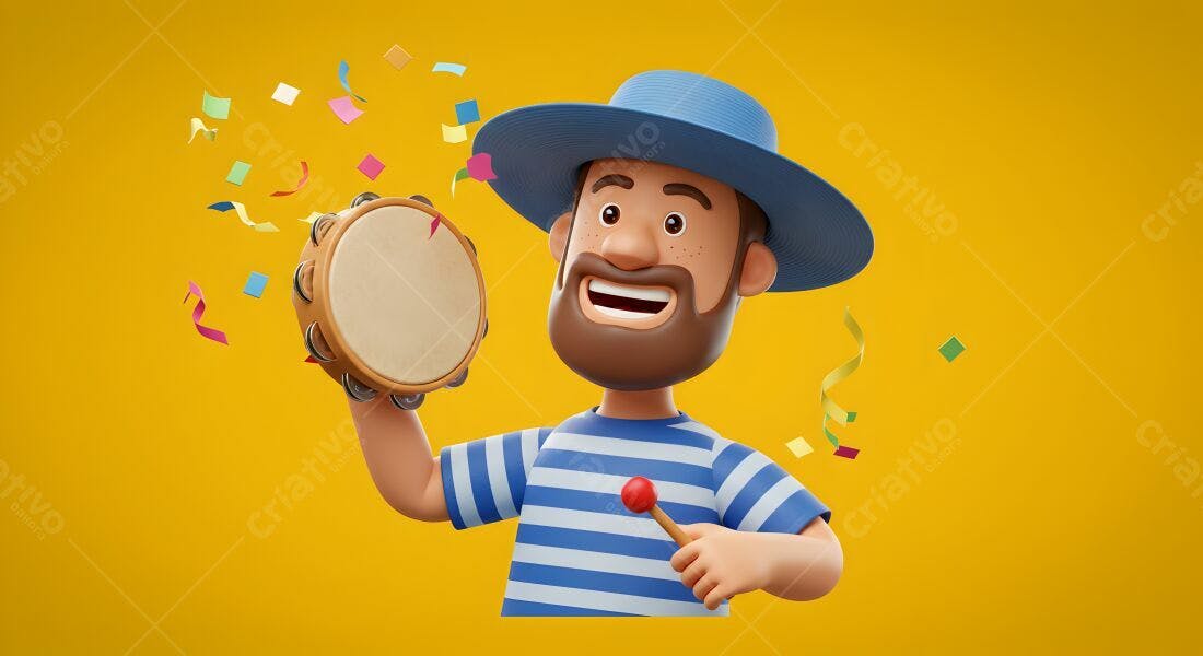 Homem barbudo tocando pandeiro em fundo amarelo