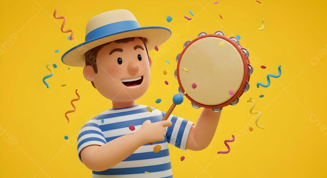 Menino tocando pandeiro em festa amarela