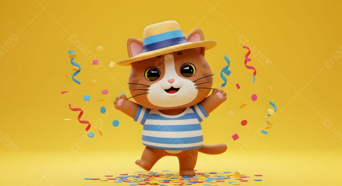 Gato animado festejando com confetes