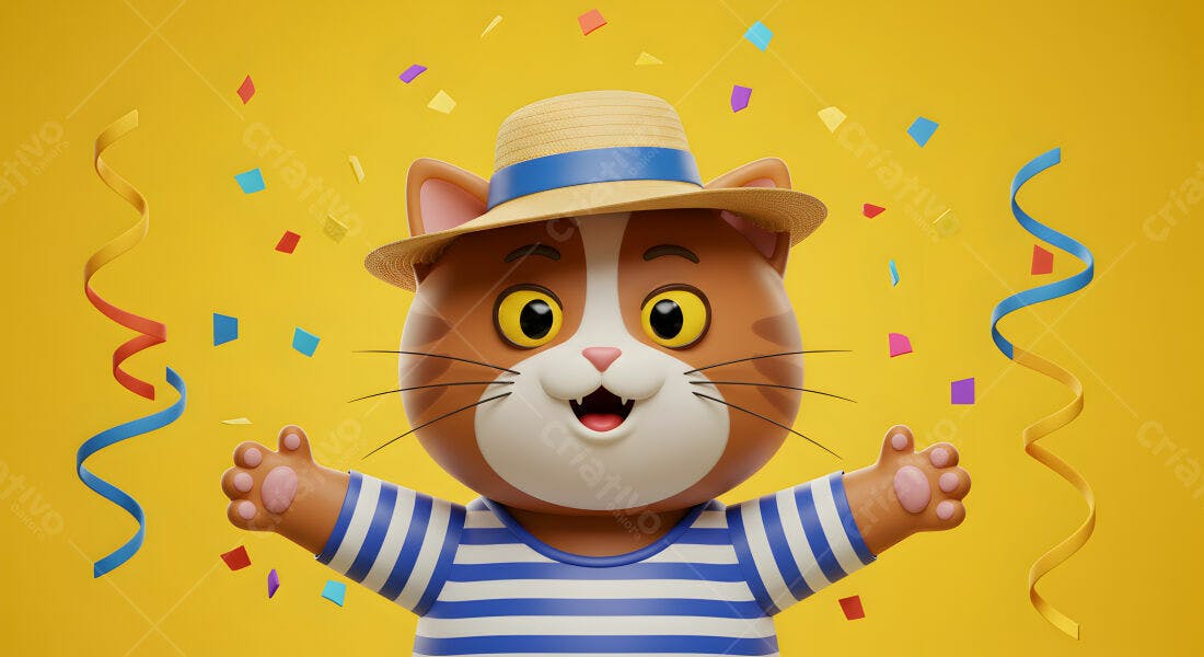 Gato animado em festa com chapéu de palha