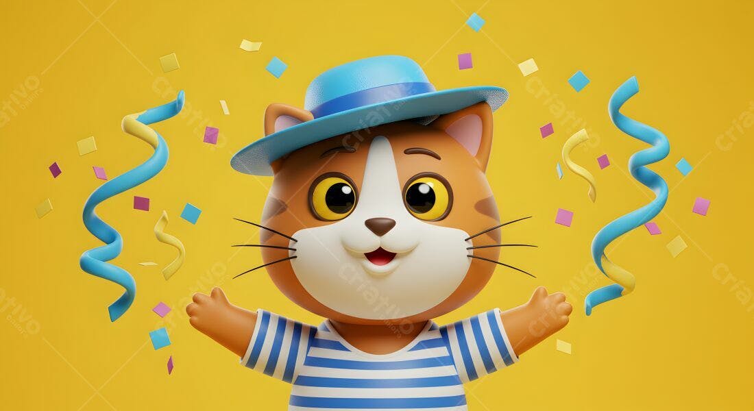 Gato animado em festa com chapéu azul