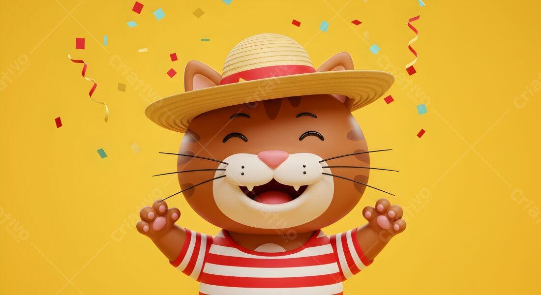 Gato feliz em festa com chapéu de palha
