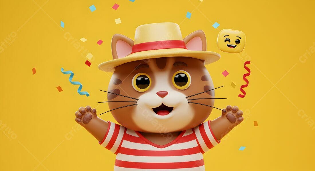 Gato feliz em festa com chapéu de palha