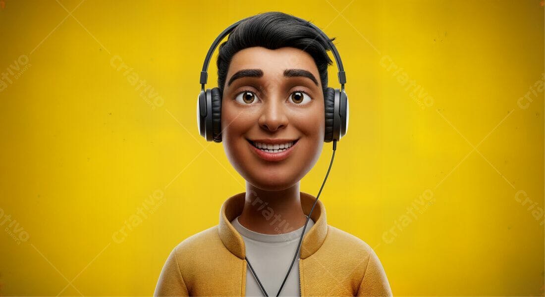Rapaz feliz com fones de ouvido fundo amarelo