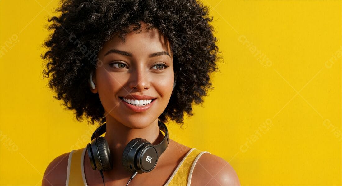 Mulher negra sorrindo fundo amarelo