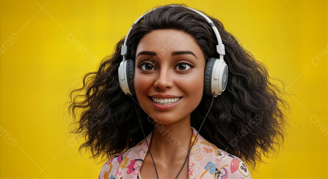 Mulher com fones ouvindo música fundo amarelo