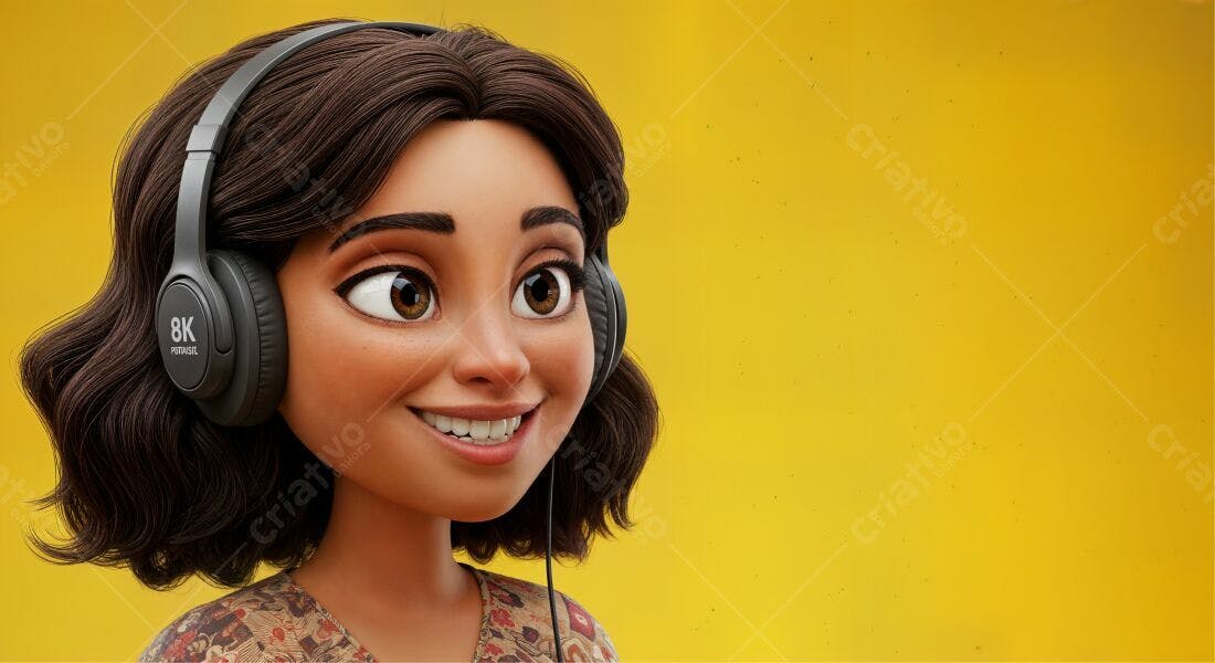 Menina sorrindo com fones de ouvido fundo amarelo