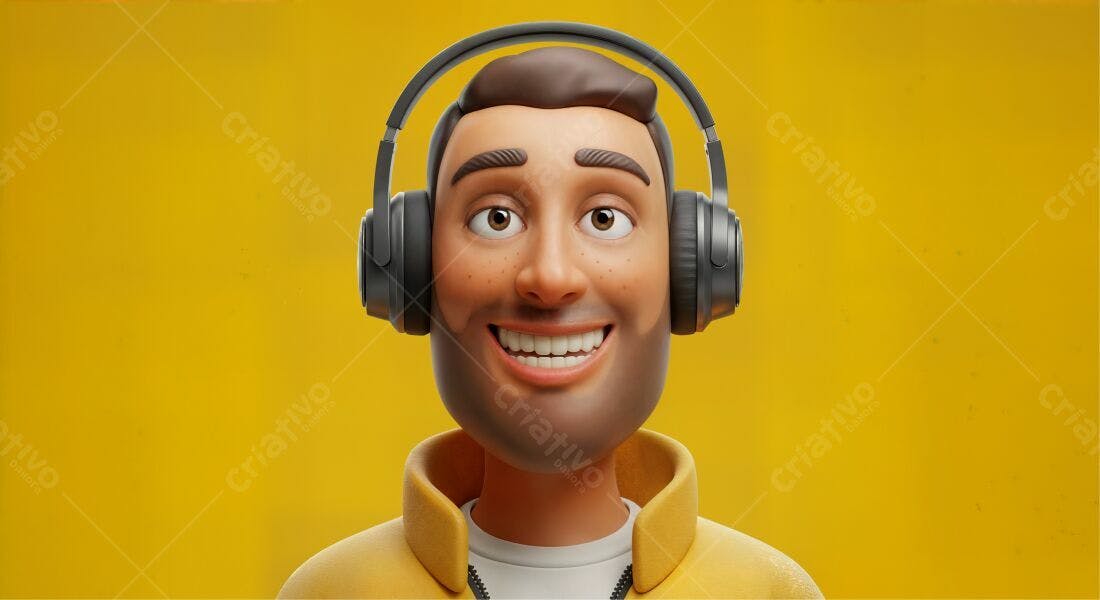 Homem sorrindo com fones escuros fundo amarelo